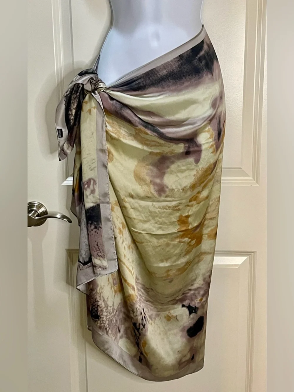 Large 100% Silk Butterfly Wrap Scarf Sarong in Gold Mauve Gray and Black 35x72